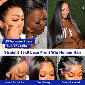 (Food Court Baddie) Sleek Straight 13"X4" HD Lace Frontal Human Hair Wig 200%-300% Density, 22"-40" Inches