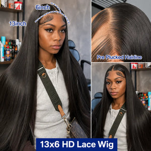 (Food Court Baddie) Sleek Straight 13"X4" HD Lace Frontal Human Hair Wig 200%-300% Density, 22"-40" Inches