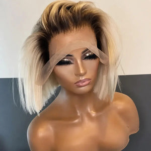 (French Eyes) Blonde Ombre Straight Blunt Cut Bob Wig 13"X4" Lace Front Human Hair Wig 180% Density Dark Roots