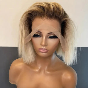 (French Eyes) Blonde Ombre Straight Blunt Cut Bob Wig 13"X4" Lace Front Human Hair Wig 180% Density Dark Roots