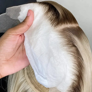 (French Eyes) Blonde Ombre Straight Blunt Cut Bob Wig 13"X4" Lace Front Human Hair Wig 180% Density Dark Roots