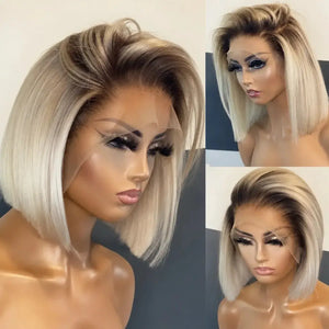 (French Eyes) Blonde Ombre Straight Blunt Cut Bob Wig 13"X4" Lace Front Human Hair Wig 180% Density Dark Roots