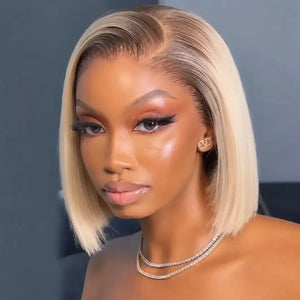 (French Eyes) Blonde Ombre Straight Blunt Cut Bob Wig 13"X4" Lace Front Human Hair Wig 180% Density Dark Roots