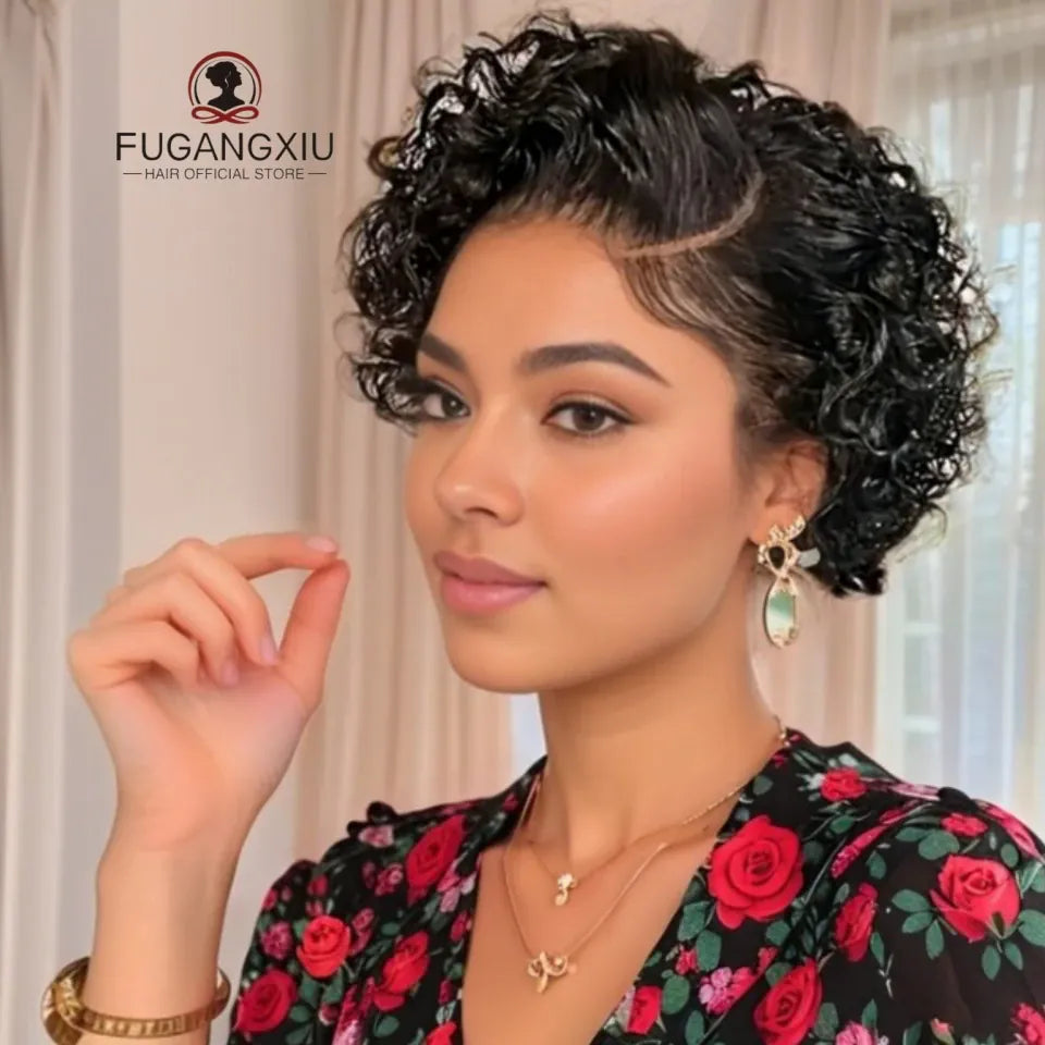 FUGANGXIU-Pixie Cut Wig  180% Density Lace Front Water Wave Wig 13X4 Full Lace Wig Bob Wig Human Hair Wigs For Women Pre Plucked