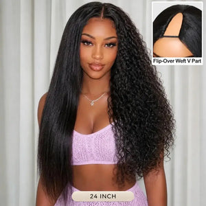 (Gaia) Wet & Wavy V-Part Remy Human Hair Wig, 2-in-1 Straight to Curly, Glueless Drawstring Wig