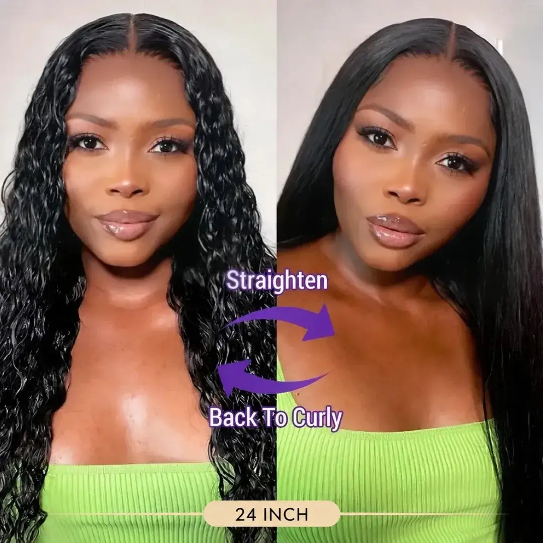 (Gaia) Wet & Wavy V-Part Remy Human Hair Wig, 2-in-1 Straight to Curly, Glueless Drawstring Wig