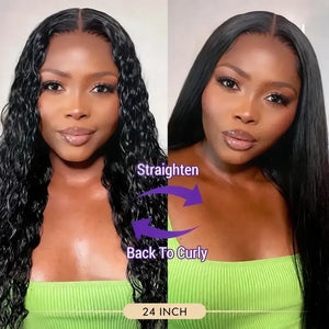 (Gaia) Wet & Wavy V-Part Remy Human Hair Wig, 2-in-1 Straight to Curly, Glueless Drawstring Wig