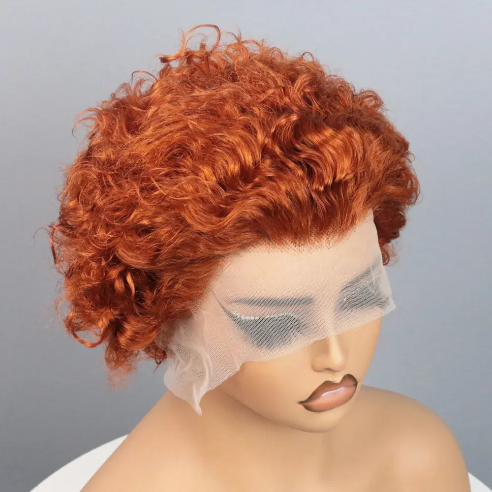Ginger Pixie Cut Wigs Human Hair 6 8 Inch Short Curly Lace Frontal Human Hair Wigs For Women  #350 Orange Water Wave Bob Wig 13x1 Transparent Lace Wigs