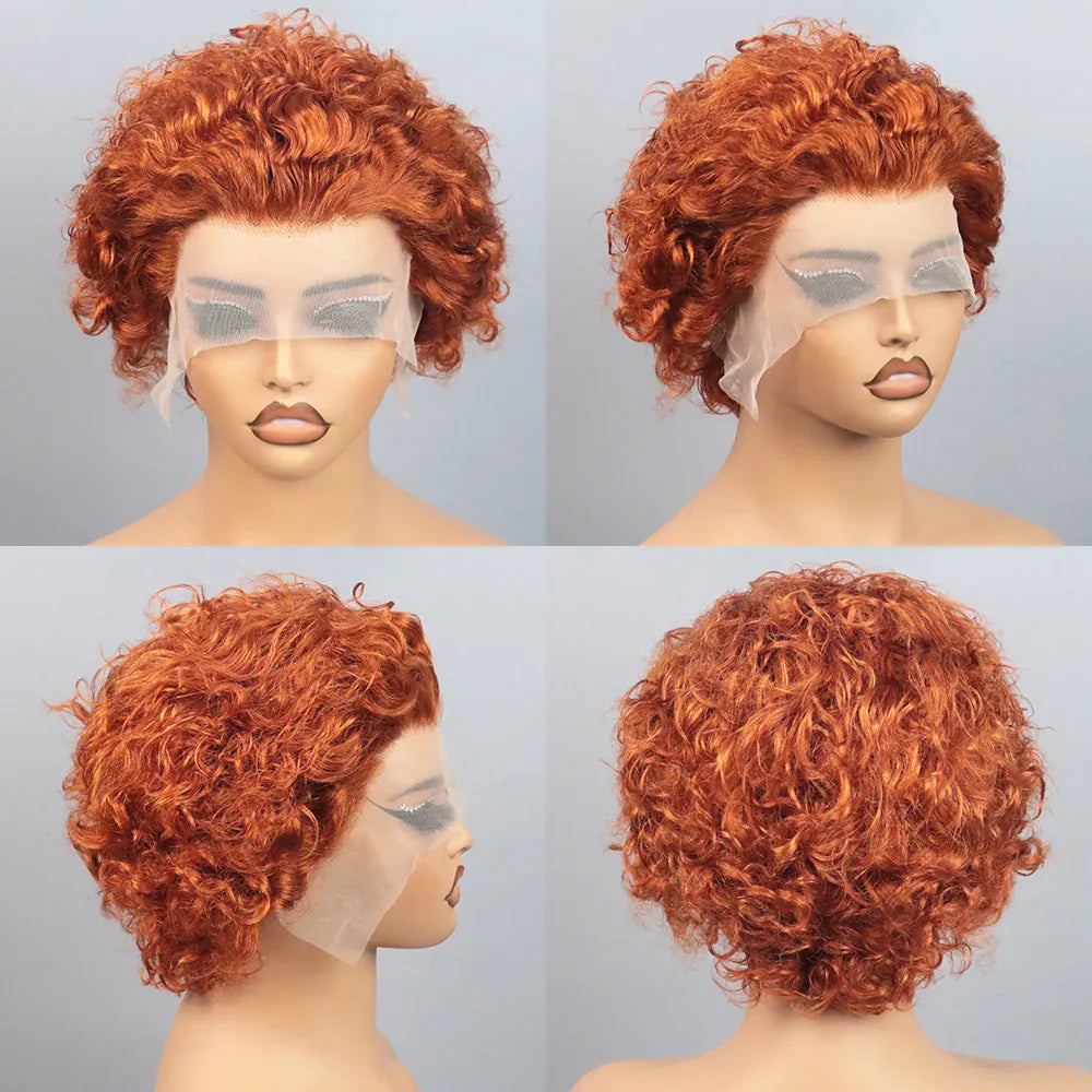 Ginger Pixie Cut Wigs Human Hair 6 8 Inch Short Curly Lace Frontal Human Hair Wigs For Women  #350 Orange Water Wave Bob Wig 13x1 Transparent Lace Wigs