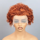 Ginger Pixie Cut Wigs Human Hair 6 8 Inch Short Curly Lace Frontal Human Hair Wigs For Women  #350 Orange Water Wave Bob Wig 13x1 Transparent Lace Wigs