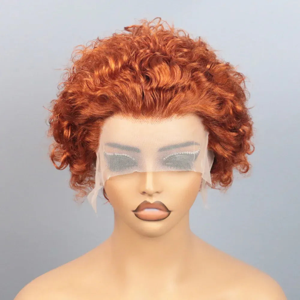 Ginger Pixie Cut Wigs Human Hair 6 8 Inch Short Curly Lace Frontal Human Hair Wigs For Women  #350 Orange Water Wave Bob Wig 13x1 Transparent Lace Wigs