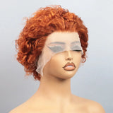 Ginger Pixie Cut Wigs Human Hair 6 8 Inch Short Curly Lace Frontal Human Hair Wigs For Women  #350 Orange Water Wave Bob Wig 13x1 Transparent Lace Wigs
