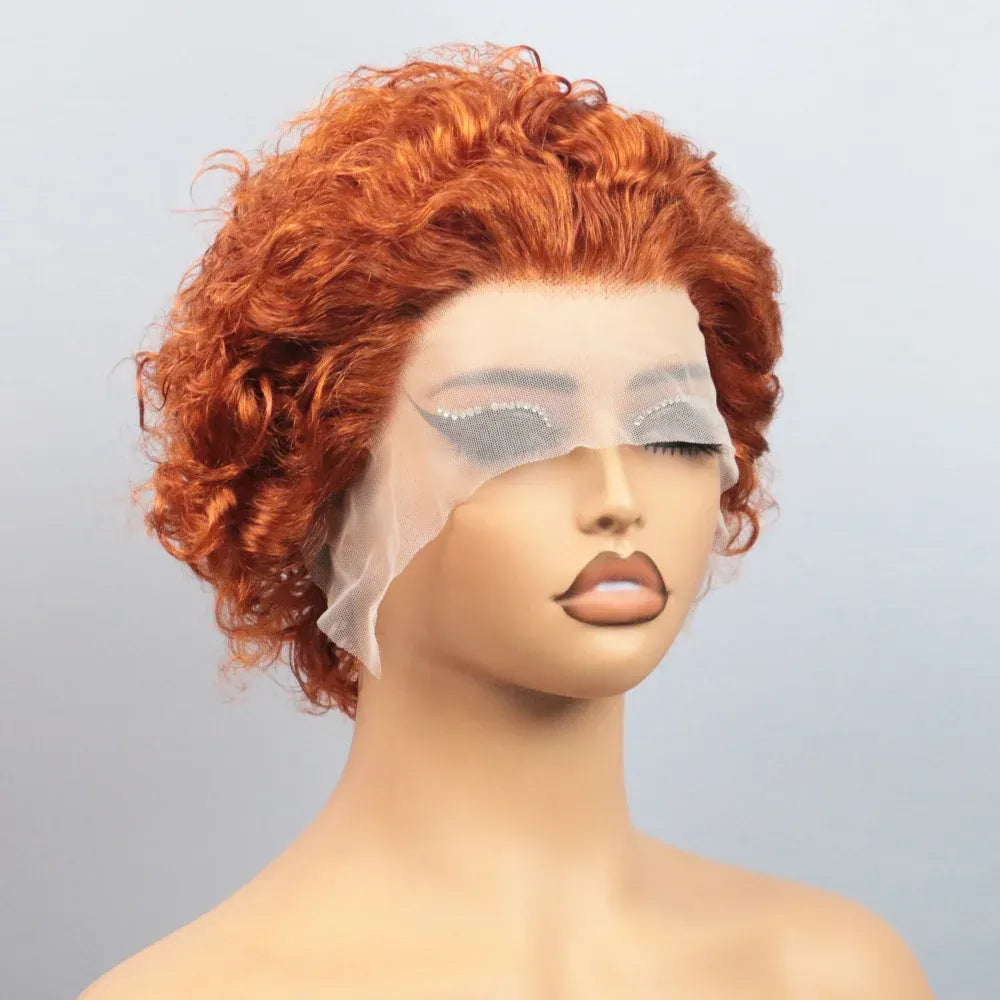 Ginger Pixie Cut Wigs Human Hair 6 8 Inch Short Curly Lace Frontal Human Hair Wigs For Women  #350 Orange Water Wave Bob Wig 13x1 Transparent Lace Wigs