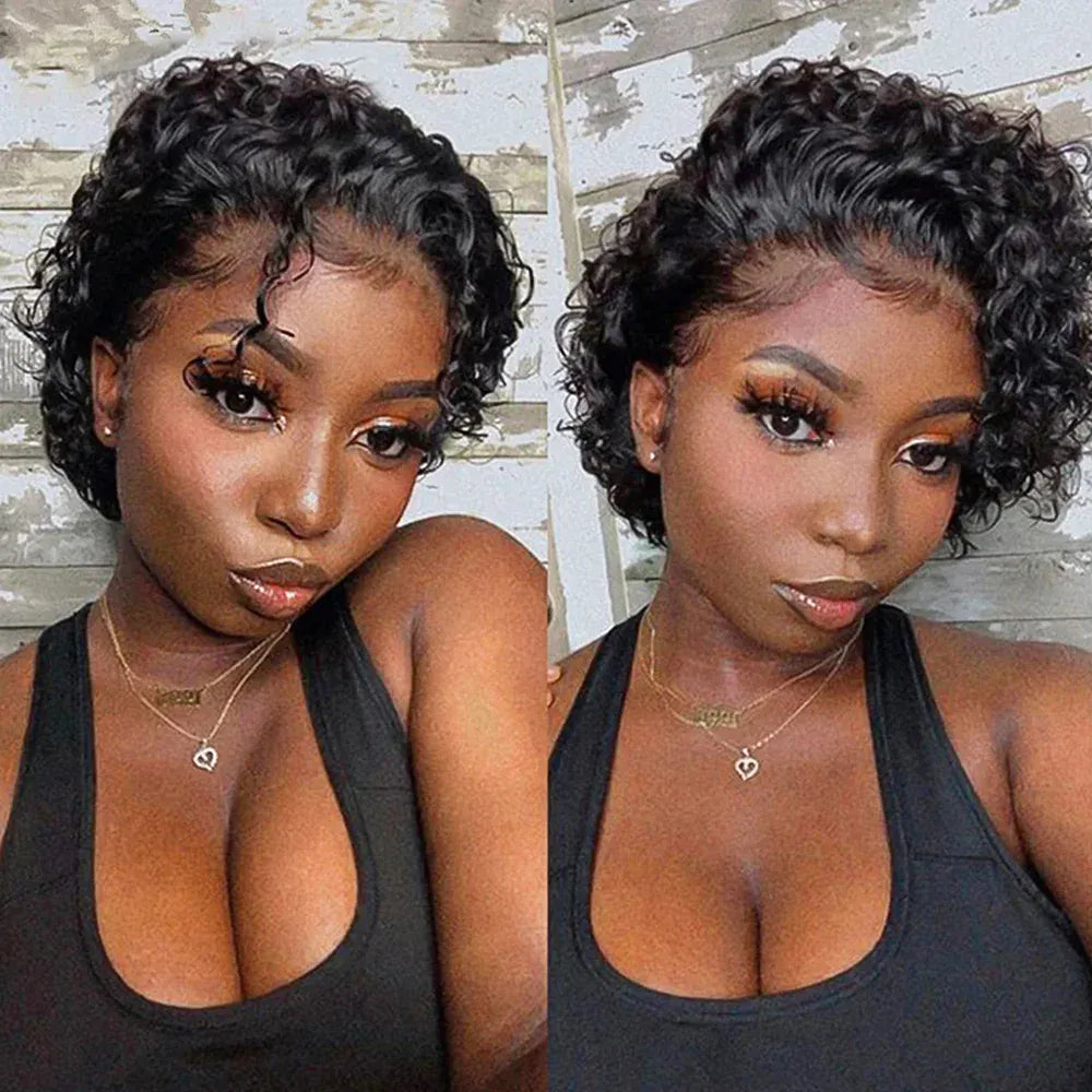 Ginger Pixie Cut Wigs Human Hair 6 8 Inch Short Curly Lace Frontal Human Hair Wigs For Women  #350 Orange Water Wave Bob Wig 13x1 Transparent Lace Wigs