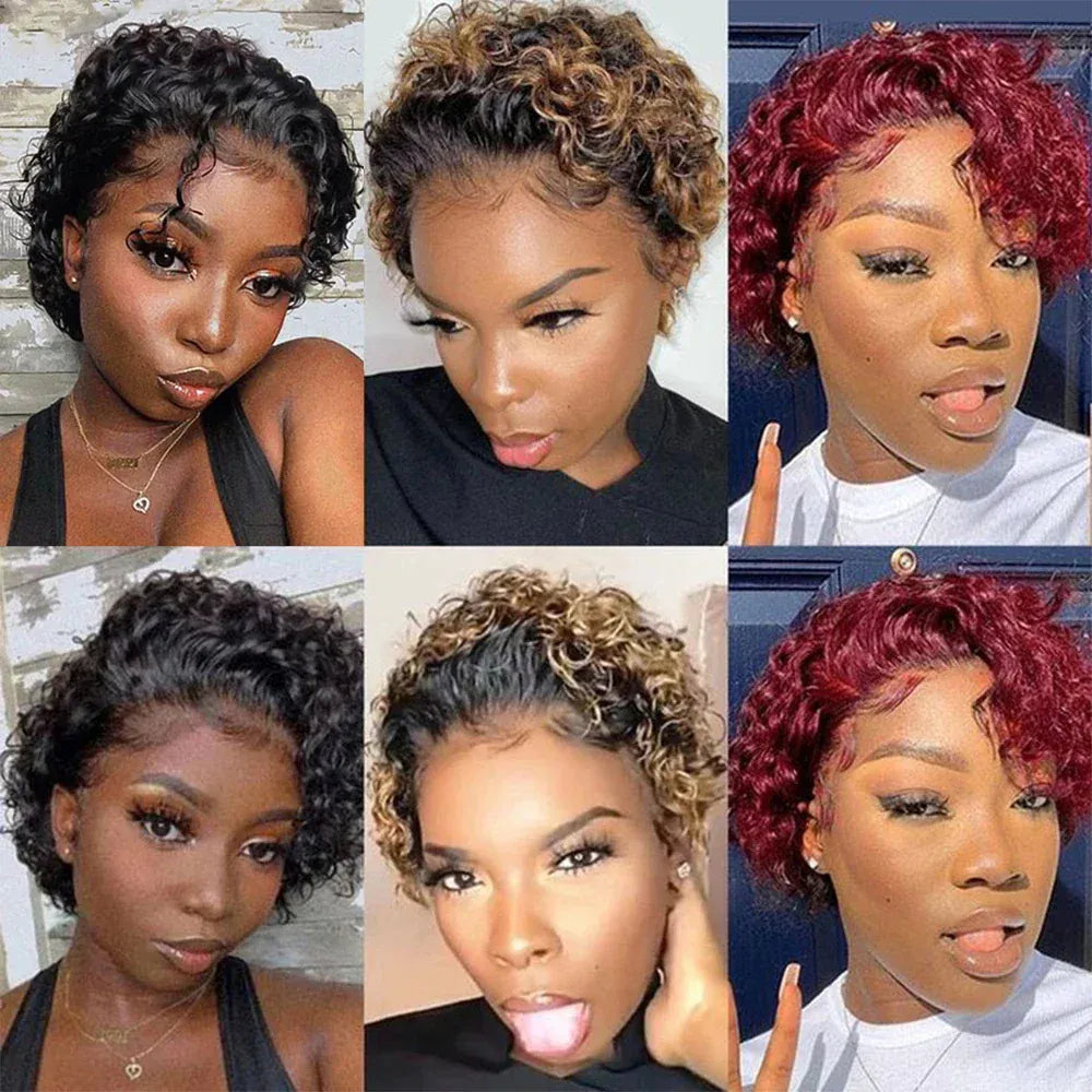 Ginger Pixie Cut Wigs Human Hair 6 8 Inch Short Curly Lace Frontal Human Hair Wigs For Women  #350 Orange Water Wave Bob Wig 13x1 Transparent Lace Wigs