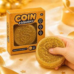 Glitter-Filled Gold Coin Squishy Stress Relief Sensory Toy for Adults and Kids