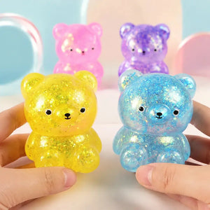 Glitter Gummy Bear Squishy Fidget Toy, Soft Sensory Stress Relief Squeeze