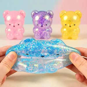 Glitter Gummy Bear Squishy Fidget Toy, Soft Sensory Stress Relief Squeeze