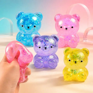 Glitter Gummy Bear Squishy Fidget Toy, Soft Sensory Stress Relief Squeeze