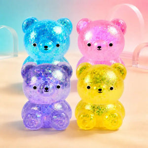 Glitter Gummy Bear Squishy Fidget Toy, Soft Sensory Stress Relief Squeeze