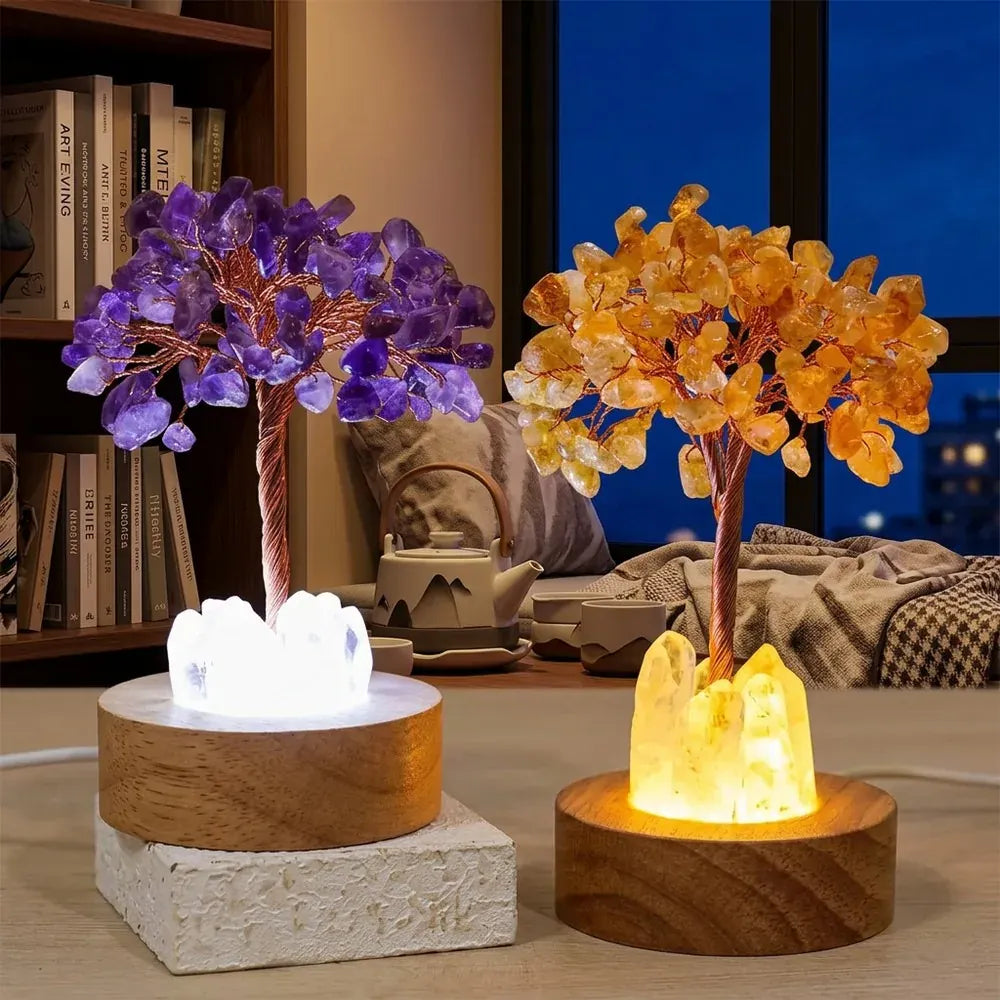 Glowing Crystal Money Tree with LED Base for Wealth Luck, Natural Stone Feng Shui Desktop Ornament, Gift for Birthday