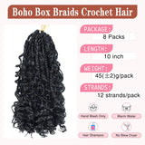 Goddess Box Braids Crochet Hair 10 Inch Pre Looped Boho Crochet Braids with Curly Ends, 8 Packs Synthetic Crochet Hair for Women