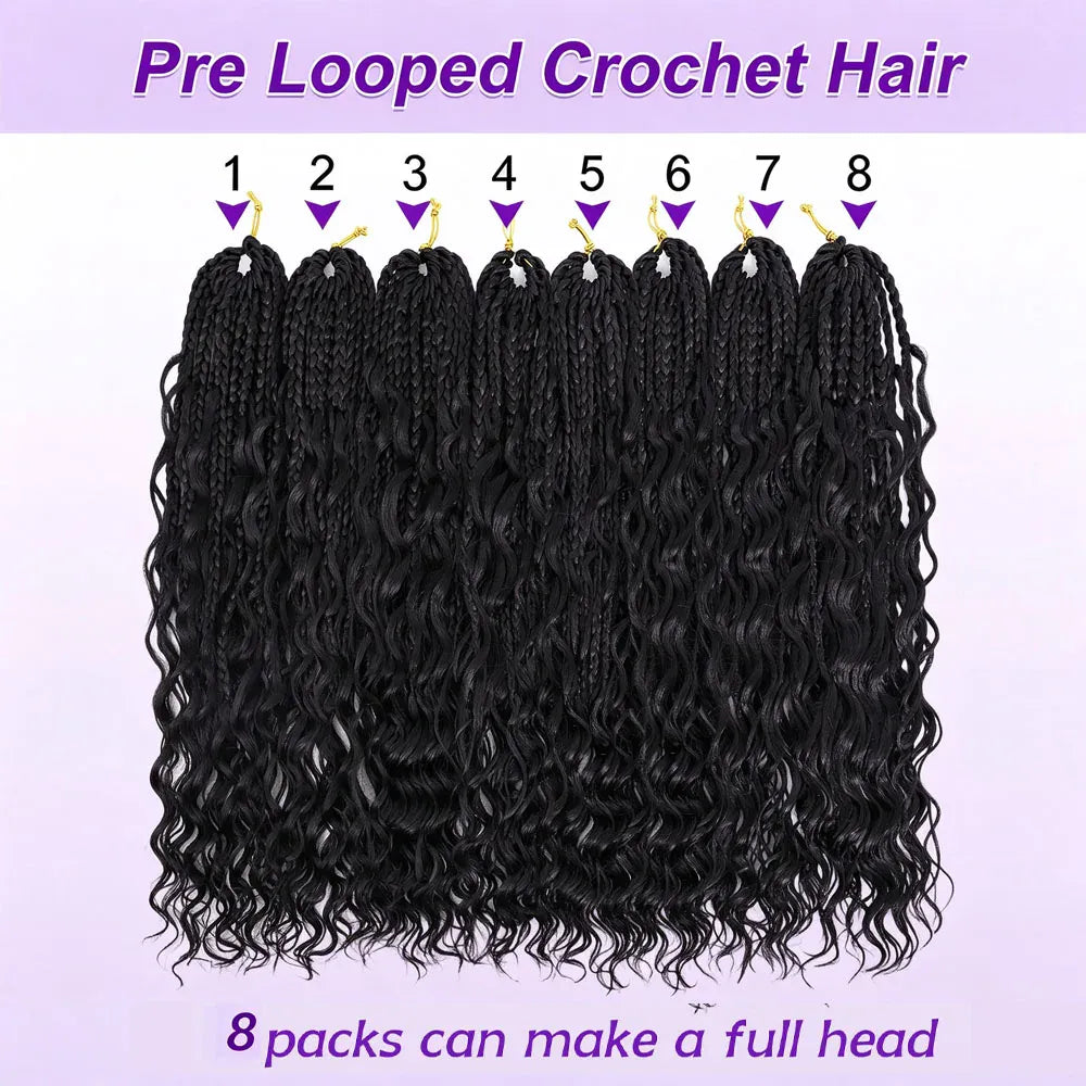 Goddess Box Braids Crochet Hair 18 Inch 8 Packs Pre-looped Boho Box Braids with Curly Ends Lightweight Synthetic Braiding Hair Extensions for Women