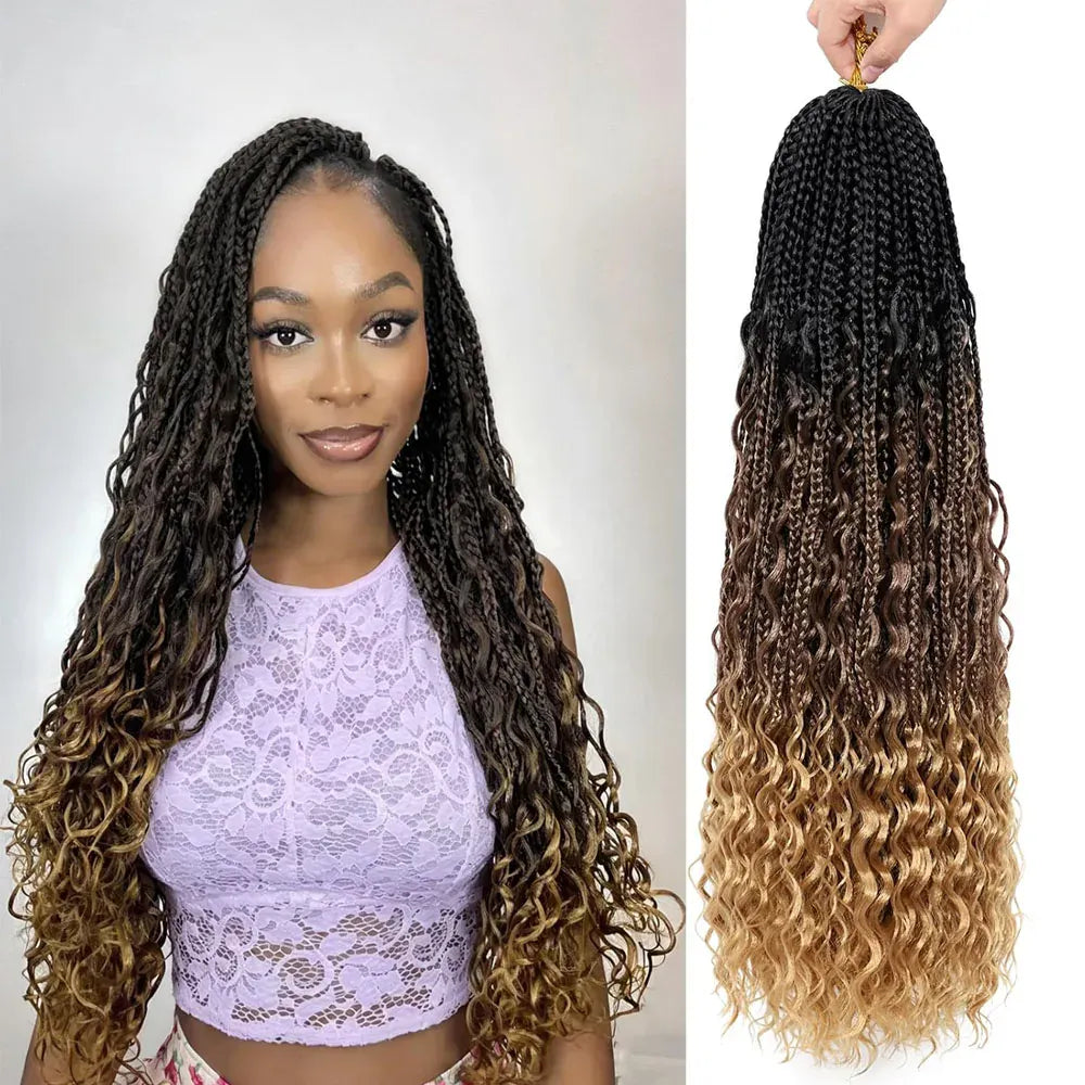 Goddess Box Braids Crochet Hair 18 Inch 8 Packs Pre-looped Boho Box Braids with Curly Ends Lightweight Synthetic Braiding Hair Extensions for Women