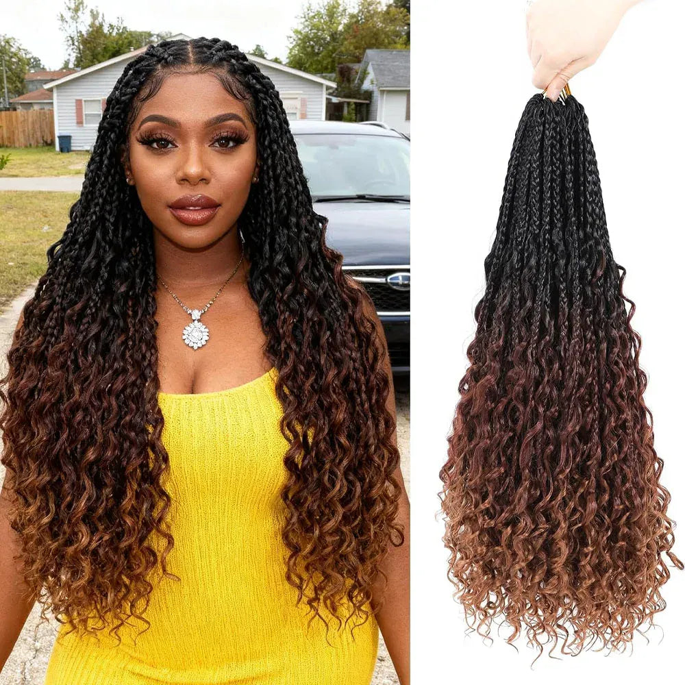 Goddess Box Braids Crochet Hair 18 Inch 8 Packs Pre-looped Boho Box Braids with Curly Ends Lightweight Synthetic Braiding Hair Extensions for Women