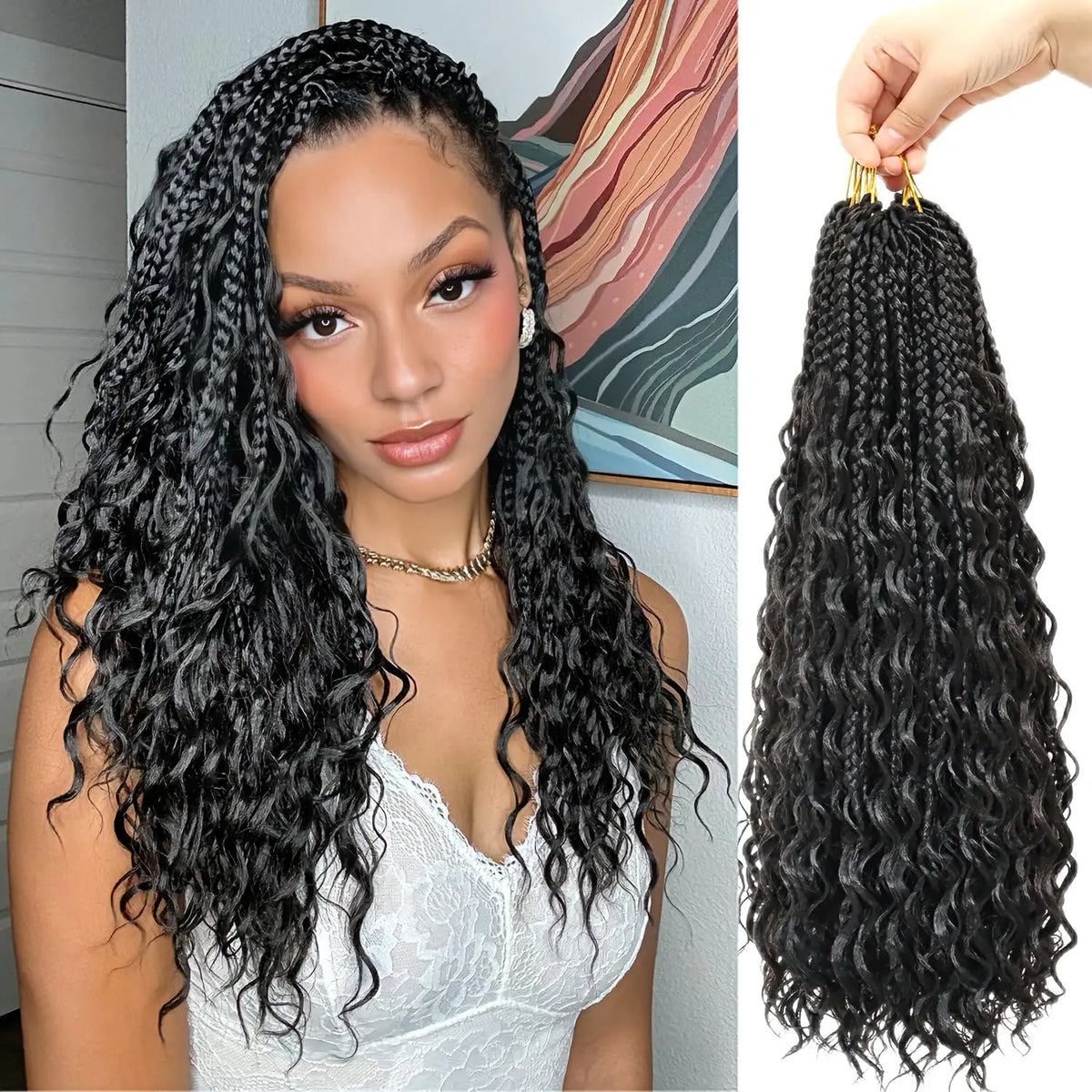 Goddess Box Braids Crochet Hair 18 Inch 8 Packs Pre-looped Boho Box Braids with Curly Ends Lightweight Synthetic Braiding Hair Extensions for Women