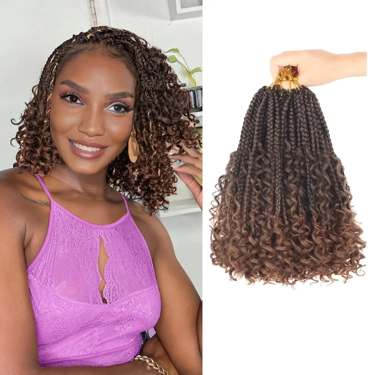 Goddess Box Braids Crochet Hair  8 Inch Pre Looped Boho Crochet Braids with Curly Ends, 8 Packs Synthetic Crochet Hair for Women