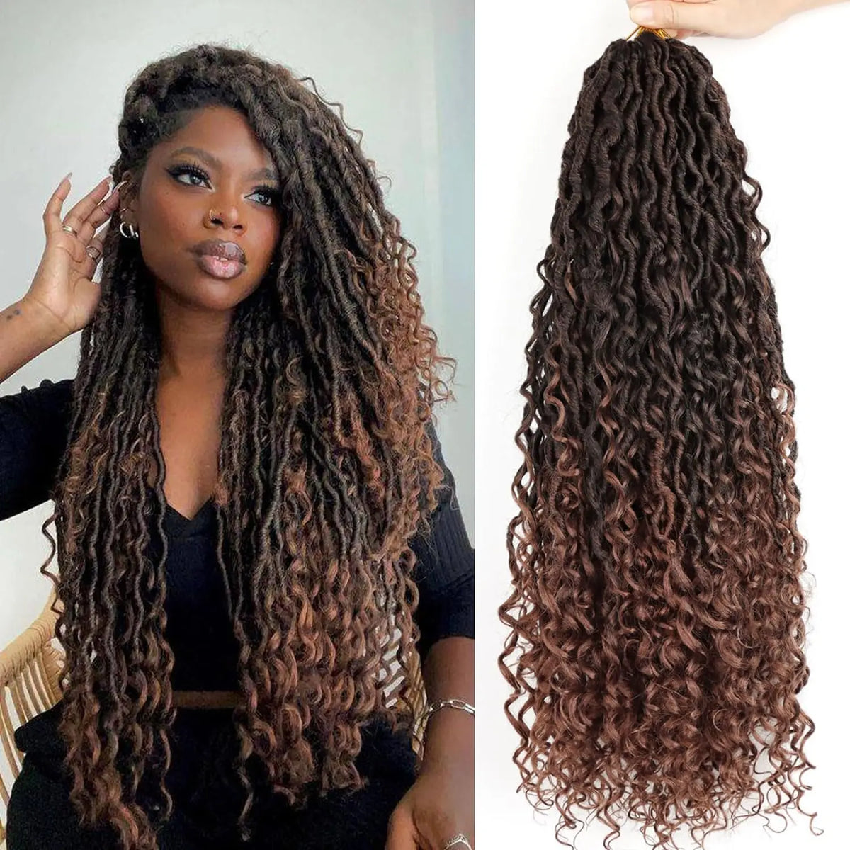 Goddess Locs Synthetic Crochet Hair 24 Inch, 8 Packs Faux Locs Crochet Hair, Boho Style River Locs Hair with Curly Ends