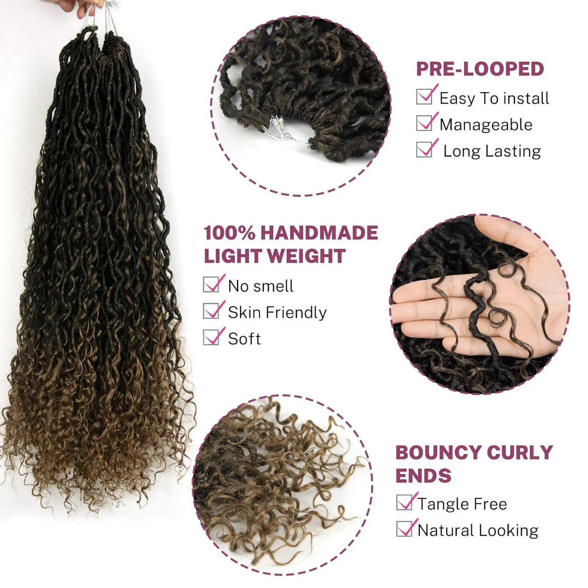 Goddess Locs Synthetic Crochet Hair 24 Inch, 8 Packs Faux Locs Crochet Hair, Boho Style River Locs Hair with Curly Ends