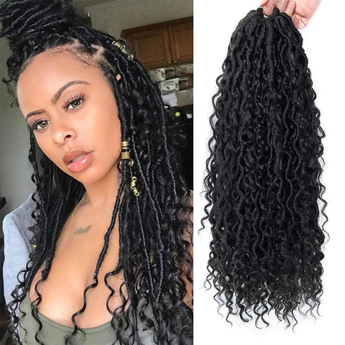 Goddess Locs Synthetic Crochet Hair 24 Inch, 8 Packs Faux Locs Crochet Hair, Boho Style River Locs Hair with Curly Ends