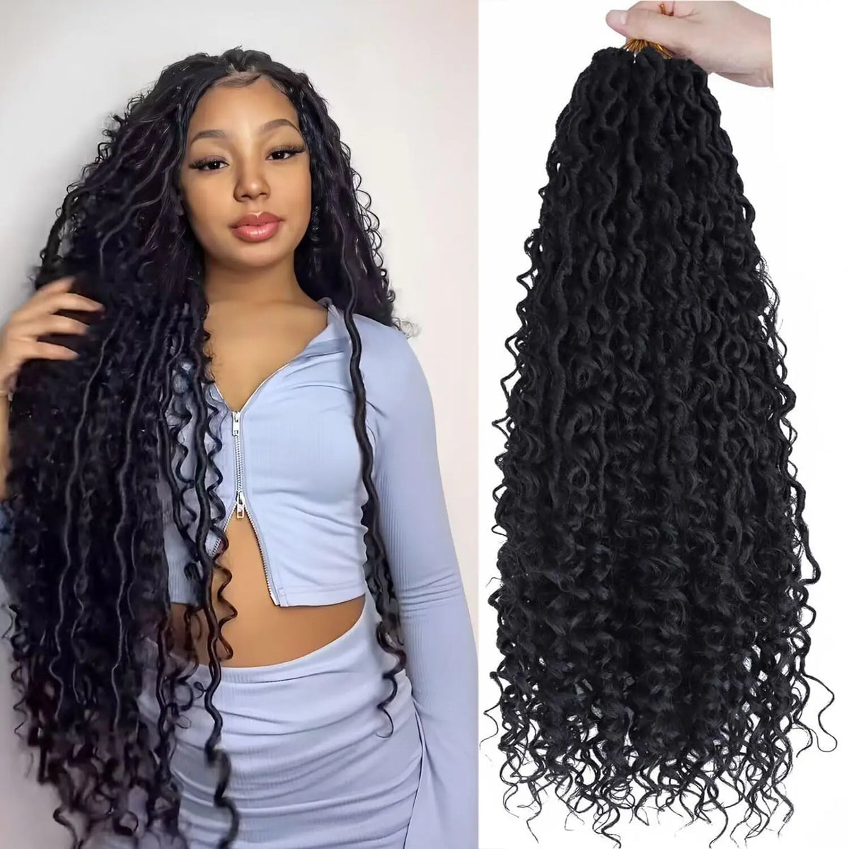 Goddess Locs Synthetic Crochet Hair 24 Inch, 8 Packs Faux Locs Crochet Hair, Boho Style River Locs Hair with Curly Ends