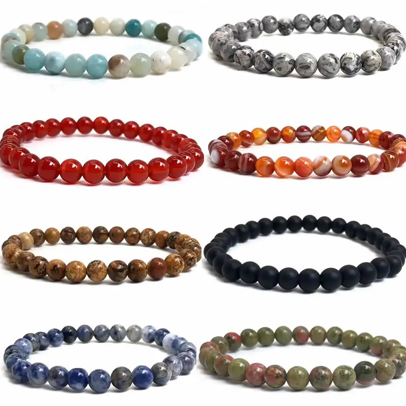 Handmade Polished Natural Gemstone 6mm Round Beads Stretch Elastic Crystal Reiki Healing Chakra Meditation Yoga Bracelet Jewelry