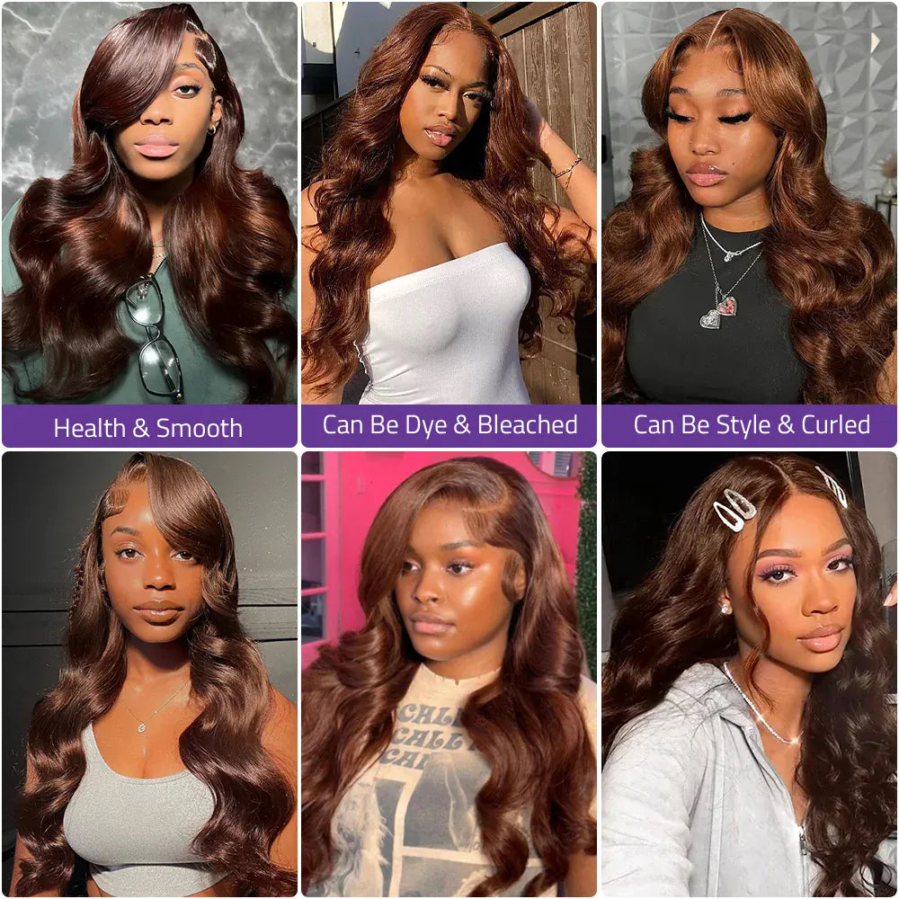 HD Chocolate Brown Body Wave 13x6 Lace Front Human Hair Wig 200% Density Transparent 13x4 Lace Frontal Brazilian Wigs For Women