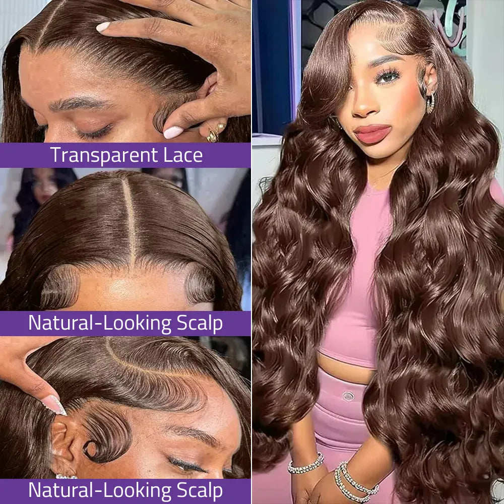 HD Chocolate Brown Body Wave 13x6 Lace Front Human Hair Wig 200% Density Transparent 13x4 Lace Frontal Brazilian Wigs For Women