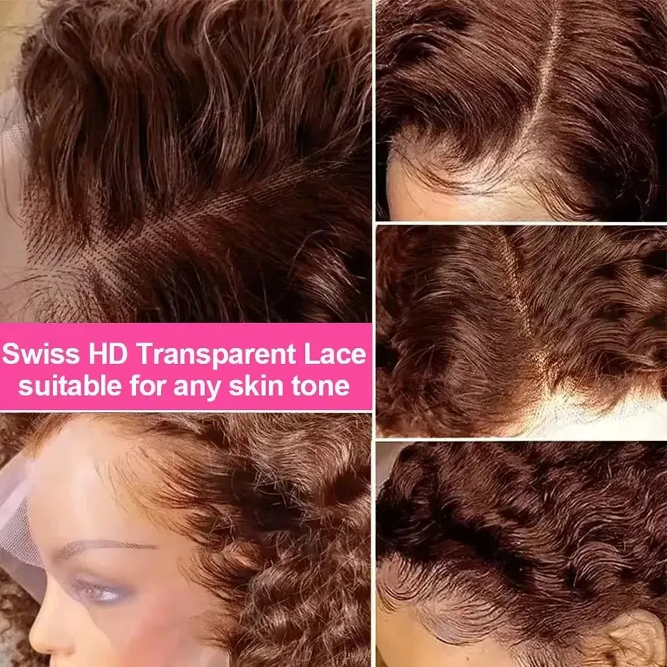 HD Transparent 250% Density Chocolate Brown Deep Wave Wig Human Hair Pre Plucked 13x6 HD Lace Front Wig Deep Wave Lace Front Wig