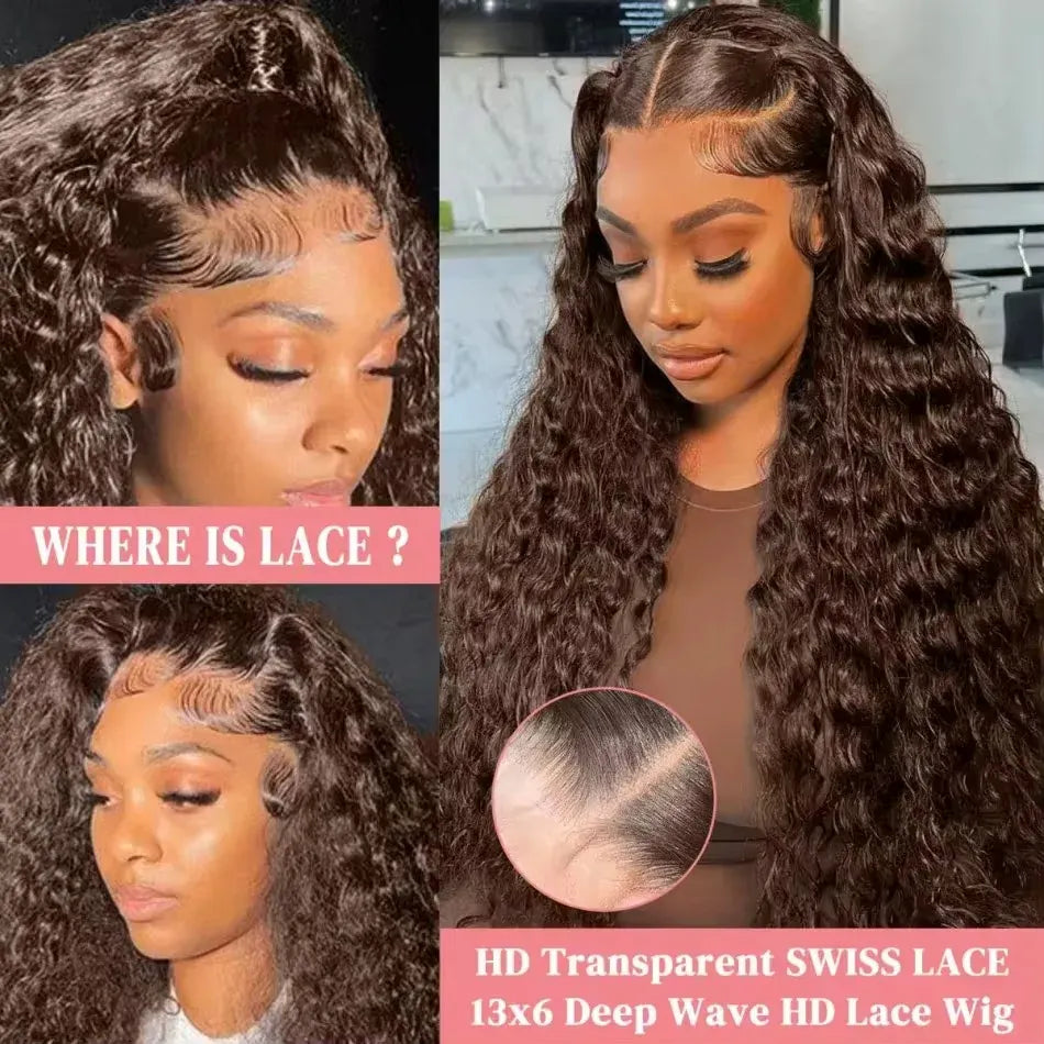 HD Transparent 250% Density Chocolate Brown Deep Wave Wig Human Hair Pre Plucked 13x6 HD Lace Front Wig Deep Wave Lace Front Wig