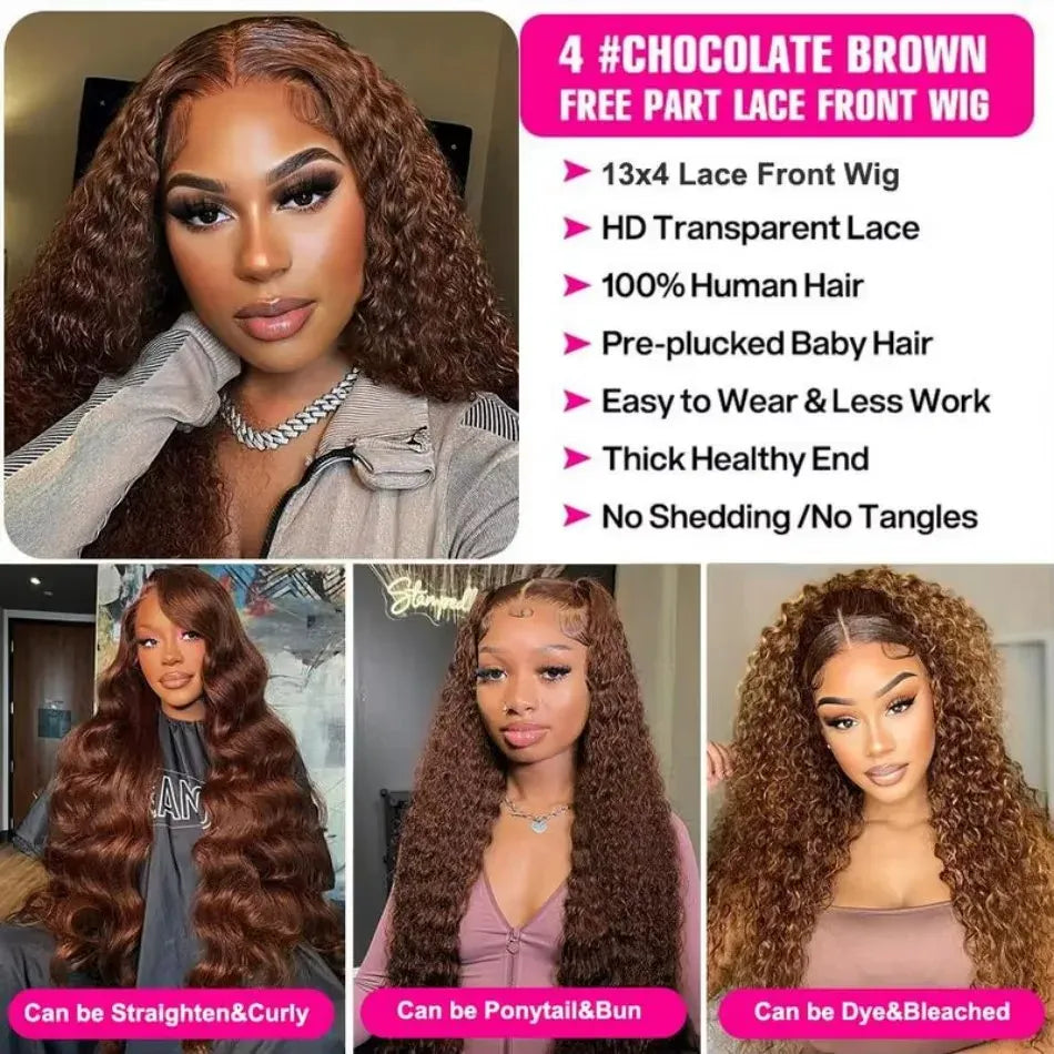 HD Transparent 250% Density Chocolate Brown Deep Wave Wig Human Hair Pre Plucked 13x6 HD Lace Front Wig Deep Wave Lace Front Wig