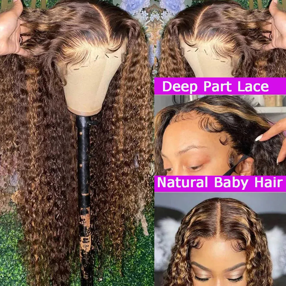 HD Transparent Highlight Wig Human Hair Honey Blonde Lace Front Wigs For Women Curly Human Hair Wig Deep Wave Lace Frontal Wig
