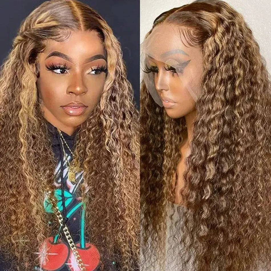 HD Transparent Highlight Wig Human Hair Honey Blonde Lace Front Wigs For Women Curly Human Hair Wig Deep Wave Lace Frontal Wig