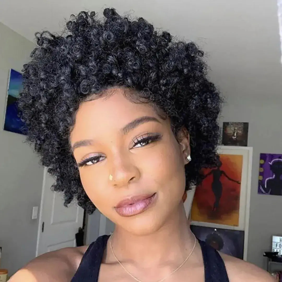 (Hecate) Afro Kinky Curly Pixie Remy Human Hair Wig, 13x4 Transparent Lace Front, Glueless Short Cut