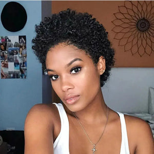 (Hecate) Afro Kinky Curly Pixie Remy Human Hair Wig, 13x4 Transparent Lace Front, Glueless Short Cut