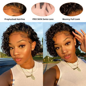 (Hera) 8-Inch Kinky Curly Pixie Bob Human Hair Wig, 13x6x1 Transparent Lace Front, Brazilian Remy