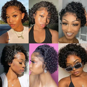 (Hera) 8-Inch Kinky Curly Pixie Bob Human Hair Wig, 13x6x1 Transparent Lace Front, Brazilian Remy
