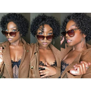 (Hera) 8-Inch Kinky Curly Pixie Bob Human Hair Wig, 13x6x1 Transparent Lace Front, Brazilian Remy