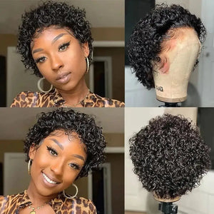 (Hera) 8-Inch Kinky Curly Pixie Bob Human Hair Wig, 13x6x1 Transparent Lace Front, Brazilian Remy