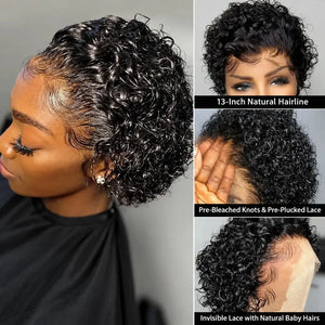 (Hera) 8-Inch Kinky Curly Pixie Bob Human Hair Wig, 13x6x1 Transparent Lace Front, Brazilian Remy